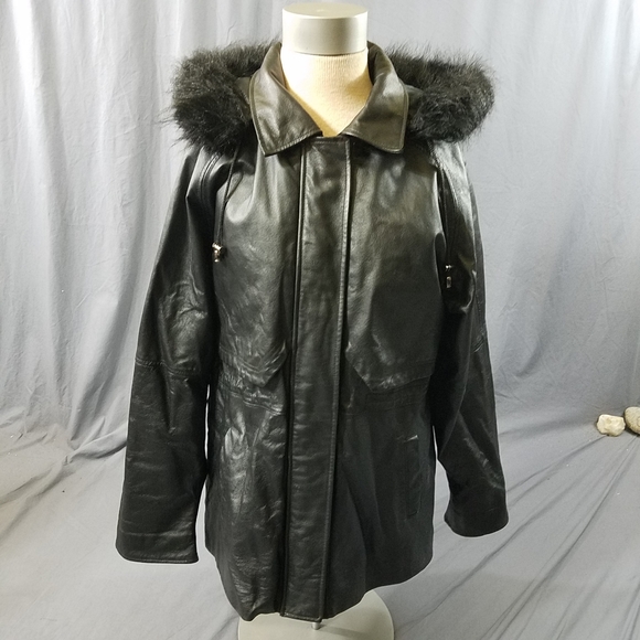 Coft & Barrow black leather winter jacket with removable faux fur trimmed hood. - Picture 1 of 13